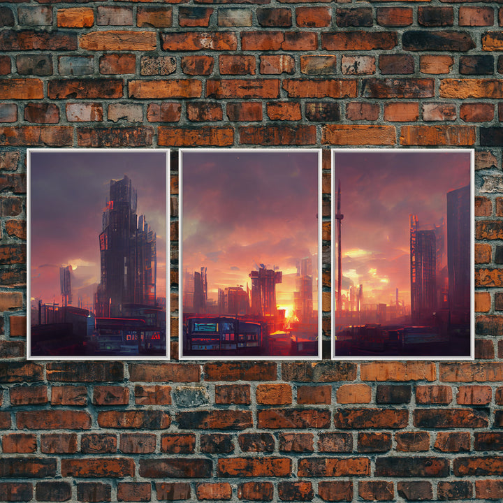 Cyberpunk City, Night City Watercolor, Videogame Concept Art, Watercolor Of a Cyberpunk City 3 Piece Wall Art, Ready To Hang Canvas Print