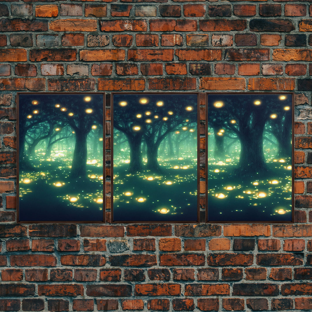 Fantasy forest wall decor, ready to hang 3 piece canvas print, 3 piece wall art, firefly wall art, Fireflies In A Fairy Forest at Night