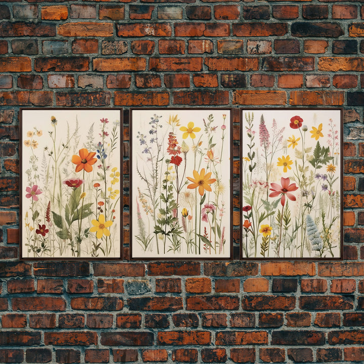 Framed Canvas Wall Art Set, 3 Piece Art, Watercolor Wildflowers Floral / Botanical Print, Minimalist Wall Art, Boho Decor, Colorful Art