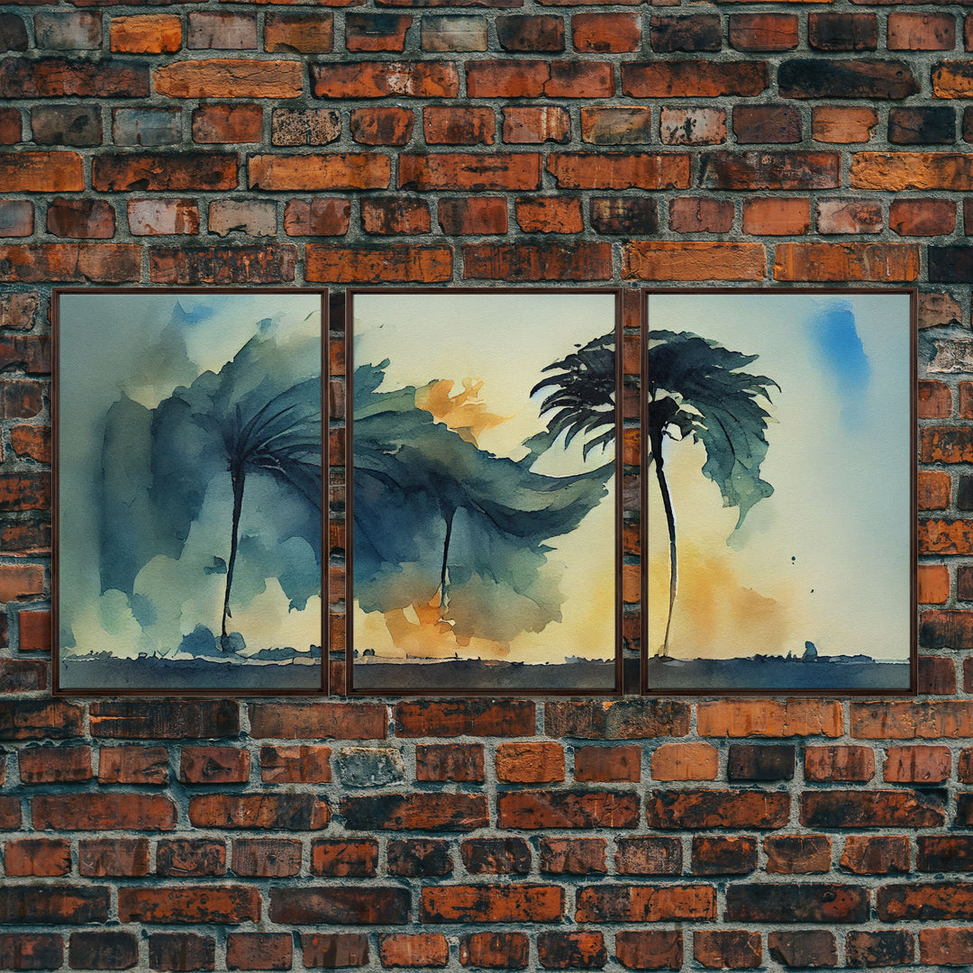 Watercolor of a palm tree blowing in a hurricane, storm art, 3 piece canvas print, 3 piece wall art