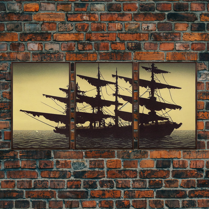 Haunted ghost pirate ship aloft in the sea, 3 piece canvas, 3 piece wall art, living room above sofa art