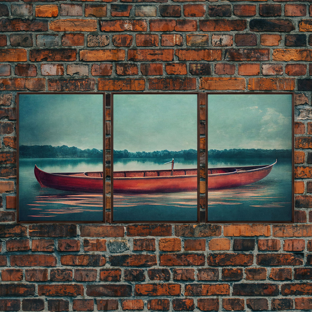 Skiff on the lake, Abandoned canoe, lake house art, 3 piece canvas, 3 piece wall art, cool unique living room art