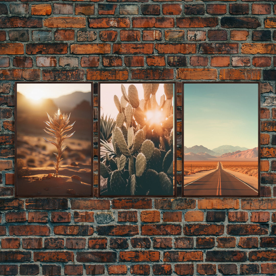 3 Piece Triptych Framed Canvas Wall Art Set of 3 Cactus Desert Landscape Arizona Road Photography Prints Minimalist Modern Art Western Decor