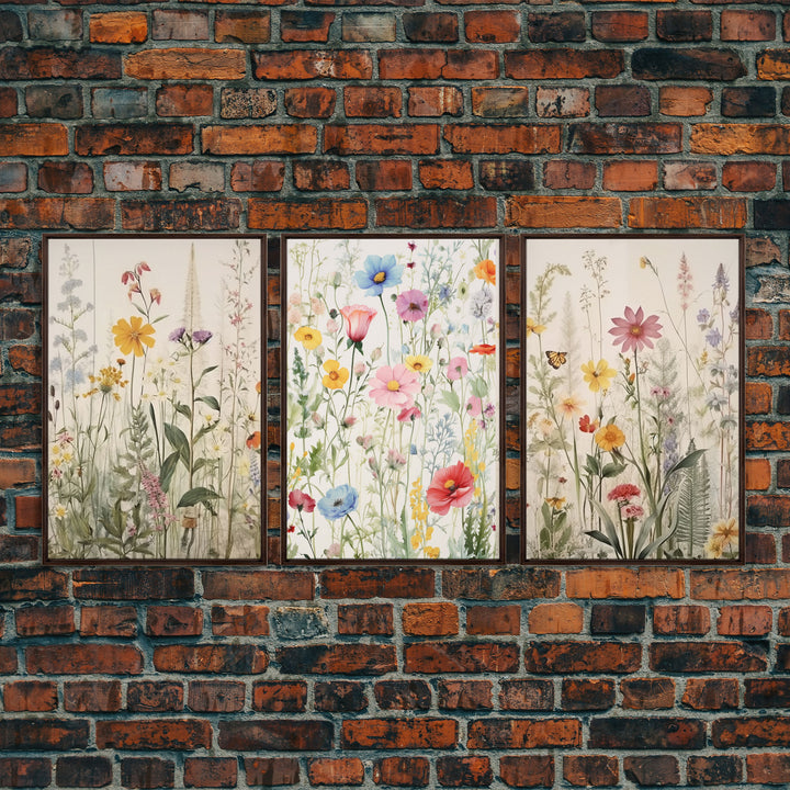 Minimalist Boho Farmhouse 3 Piece Wildflower Canvas Print, Framed Wall Art, Modern Rustic Decor, Living Room Art, Home Decor Wall Hanging