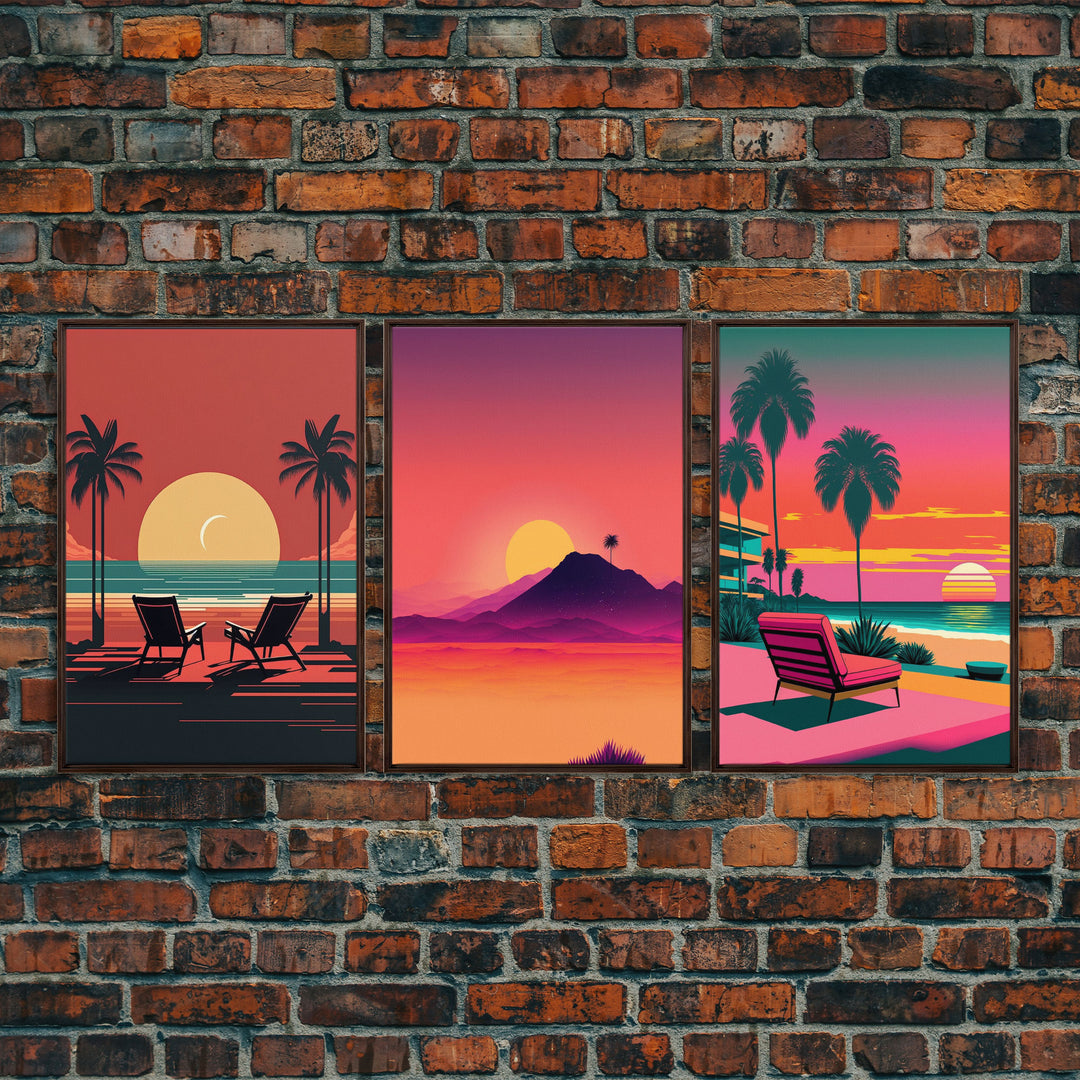 Outrun Style Midcentury Modern Wall Art, Framed Canvas Prints, Triptych Wall Art, 3 Panel Canvas Art, Retro Synthwave Beach Vibes Art