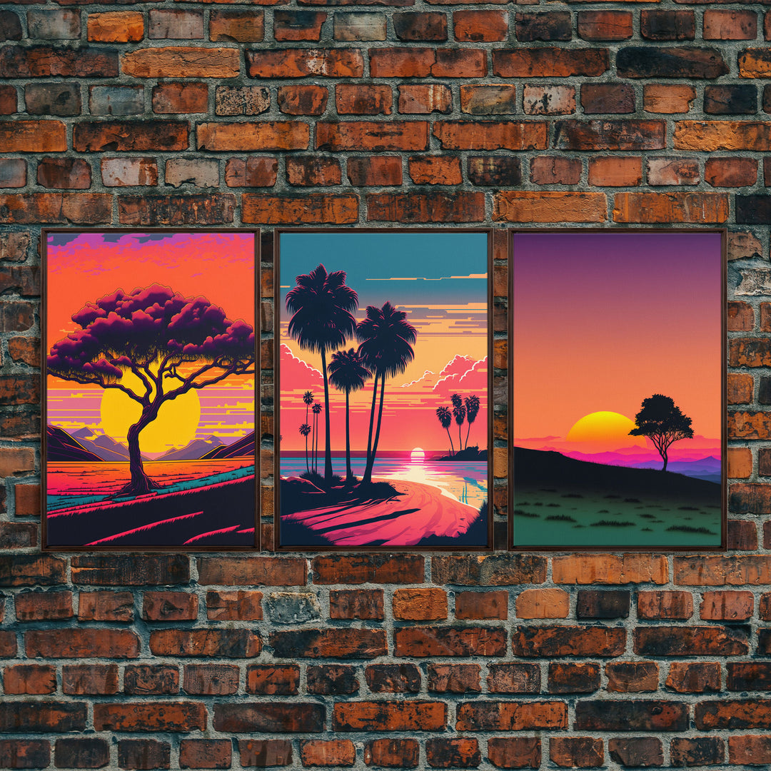 Triptych 3 panel Wall Art, Framed Canvas Prints, Synthwave Landscape Decor, MCM 80s Vibes Retro Style 3 Piece Art