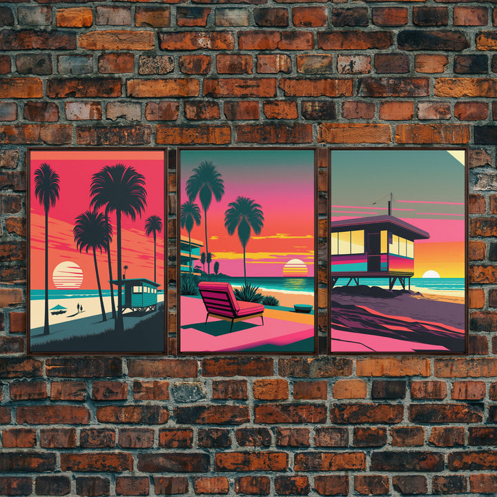 MCM Style Retro Wall Decor, Framed Canvas Prints, Triptych 3 Panel Wall Art, Retrowave Beach Art, Minimalist Boho Vaporwave Architecture Art