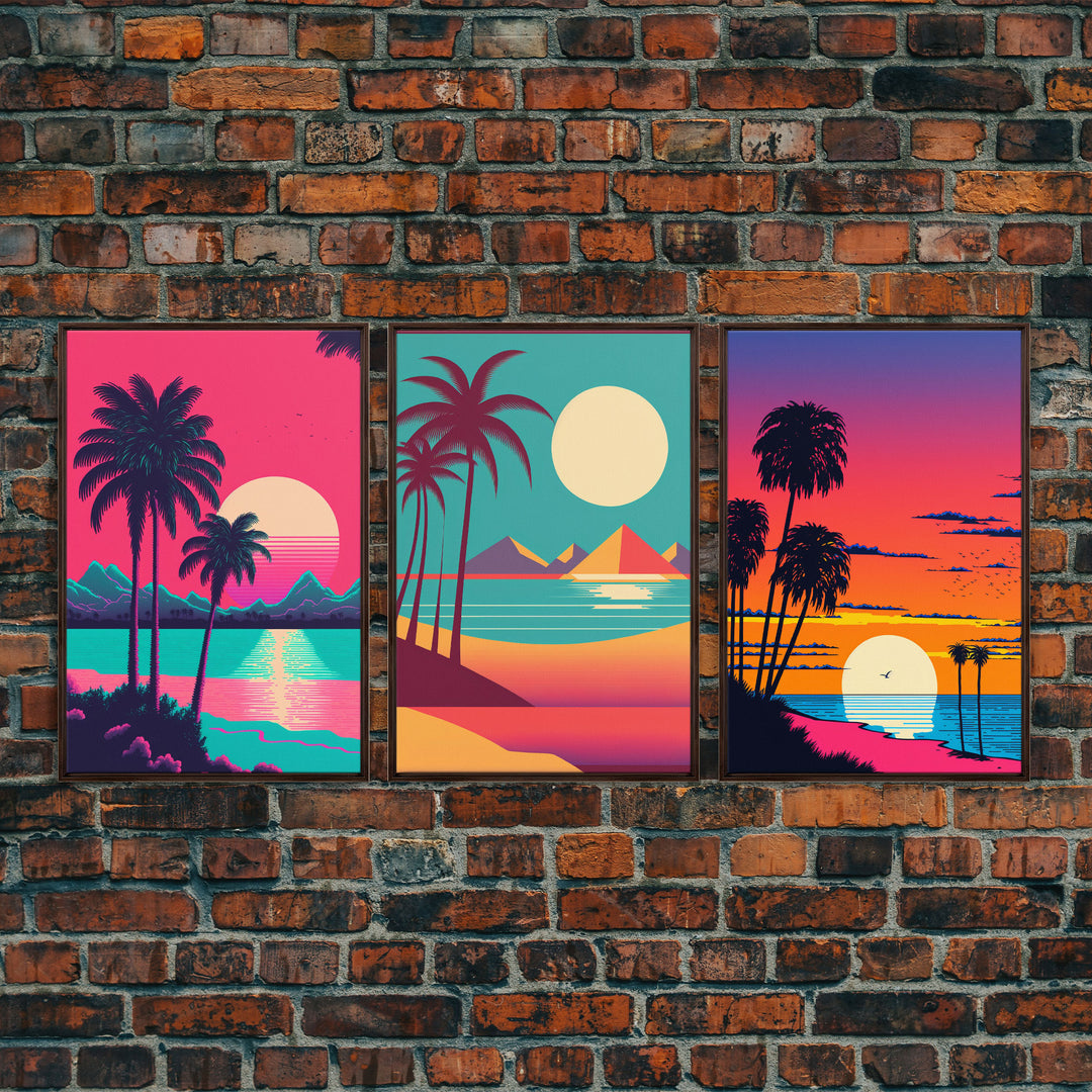 Retrowave Priint Set  - 3 Piece Wall Art - Triptych 3 Panel Art - Beach Wall Art - Framed Canvas Prints - Tropical Beach Decor