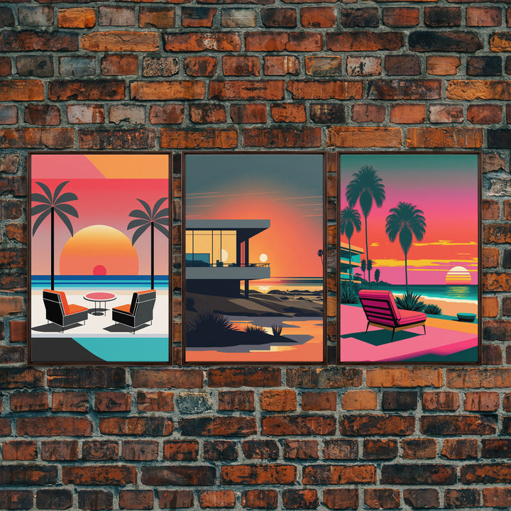 Vaporwave Aesthetic Wall Art Framed Canvas, Set of 3 Framed Canvas, Tropical Decor, Travel Posters, Original Art Framed Canvas