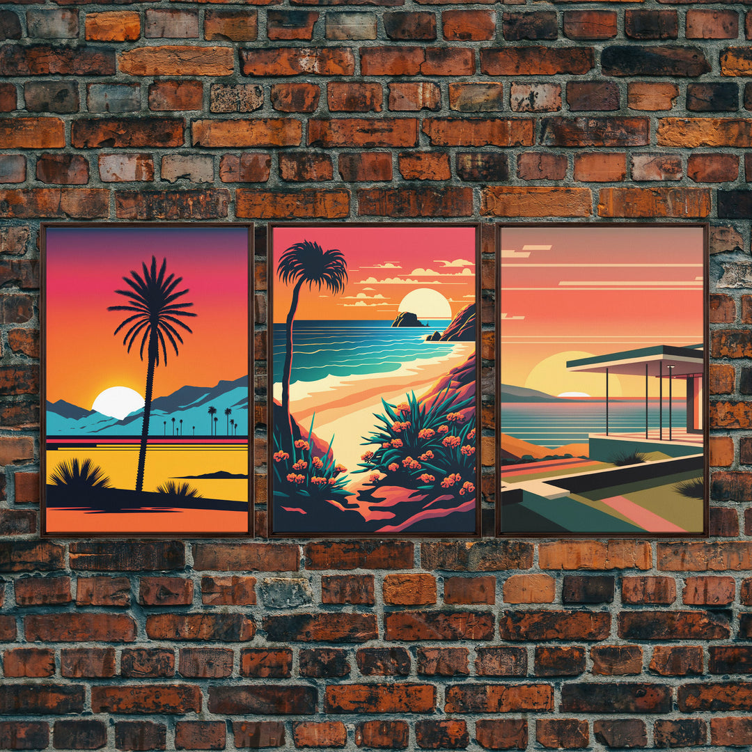 Desert Art, California Themed Wall Art, Framed Canvas Prints, 3 Piece Wall Art, 3 Panel Triptych Art, Retro Style, Orange Hues Art