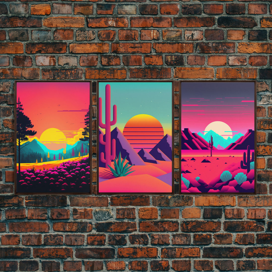 Retro Synthwave Style 80s Vibes Art, 3 Panel Canvas, Triptych Art, Framed Canvas Prints, Sunset, Pink Hues, Pastel Art, Vaporwave Decor