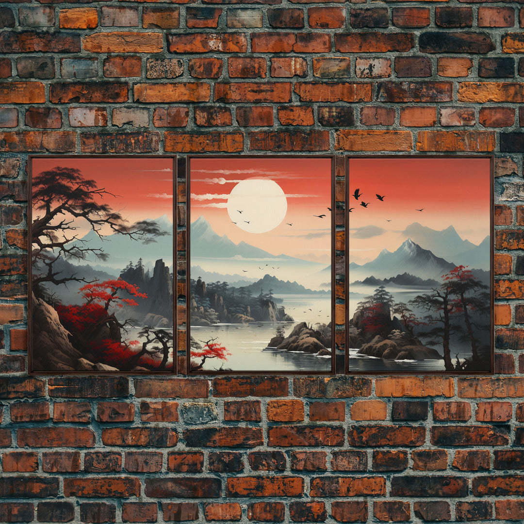 Japanese Wall Art, Mountains Print, Sunset Print, Canvas Print, Wall Art, 3 Piece Wall Art, Unique Wall Decor, Living Room Wall Art