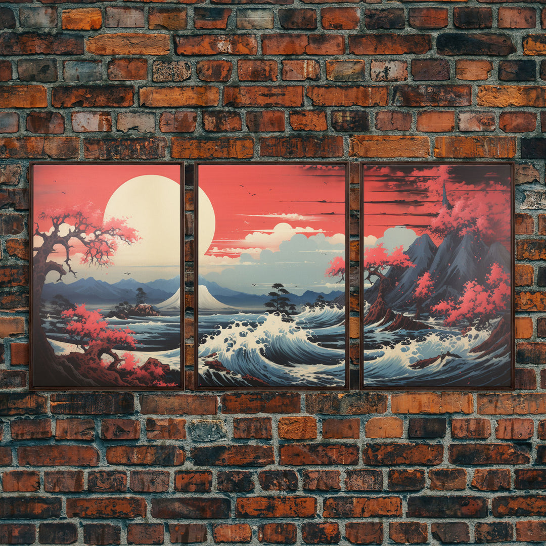 Asian Art, Japanese Wall Art, Mountains Print, Sunset Print, Canvas Print, Wall Art, 3 Piece Wall Art, Dorm Room Art, Gaming Wall Decor