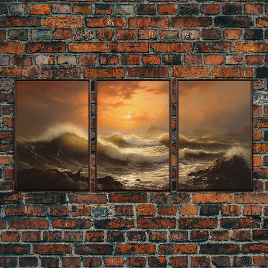 Beneath The Roaring Sea, Seascape Painting, 3 Piece Set, Framed Canvas Print, Cool Wall Art, Office Decor, Above Sofa Art