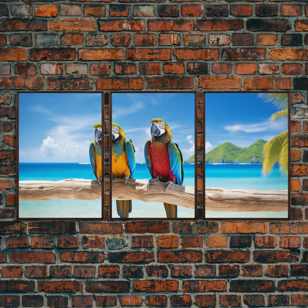 Parrot Wall Art, Tropical Wall Art, Beach Art Print, Seascape Print, Canvas Print, Wall Art, 3 Piece Wall Art, Apartment Wall Decor