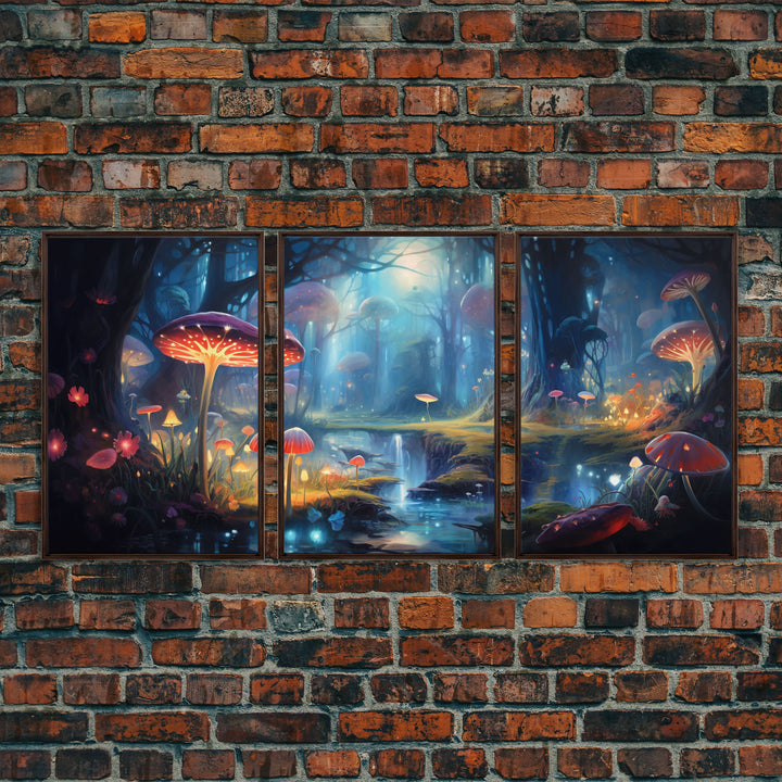 Magical dark forest art print on canvas, fantasy forest, oil style painting, large landscape wall art for home, ready to hang, 3 Piece Art