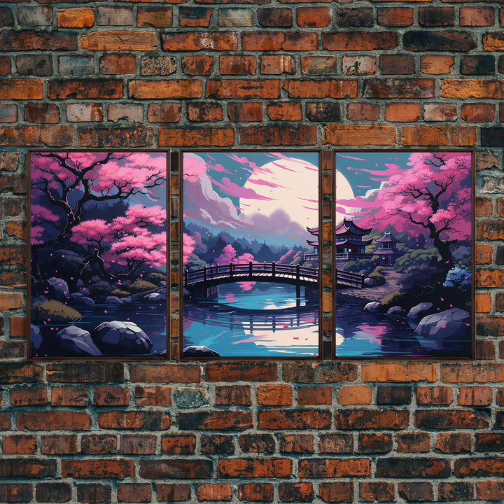 Synthwave Japanese Style Art, Framed Canvas Print, 3 Piece Triptych Set, Retro 80s Style Wall Art, Above Sofa Decor, Cool Wall Art