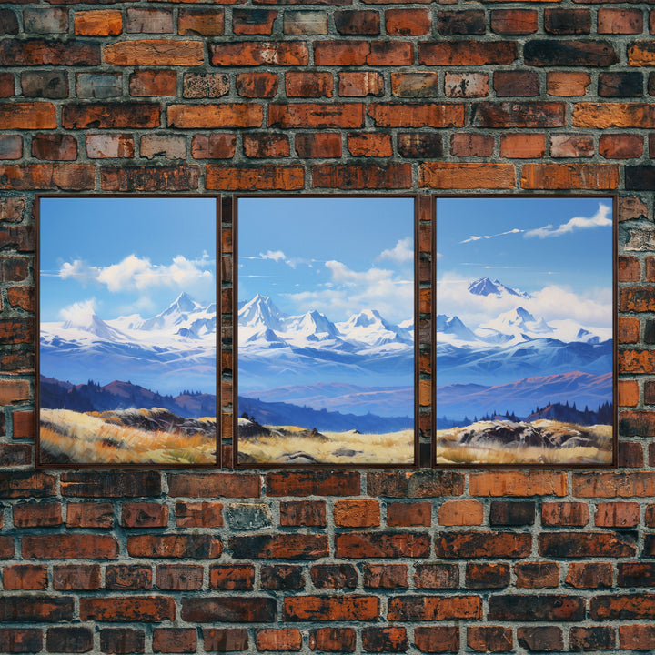 Framed Rocky Mountains 3 Piece Canvas Prints, Rockies Painting, Mountain Landscape Oil Painting, Large Wall Art, Centerpiece Art