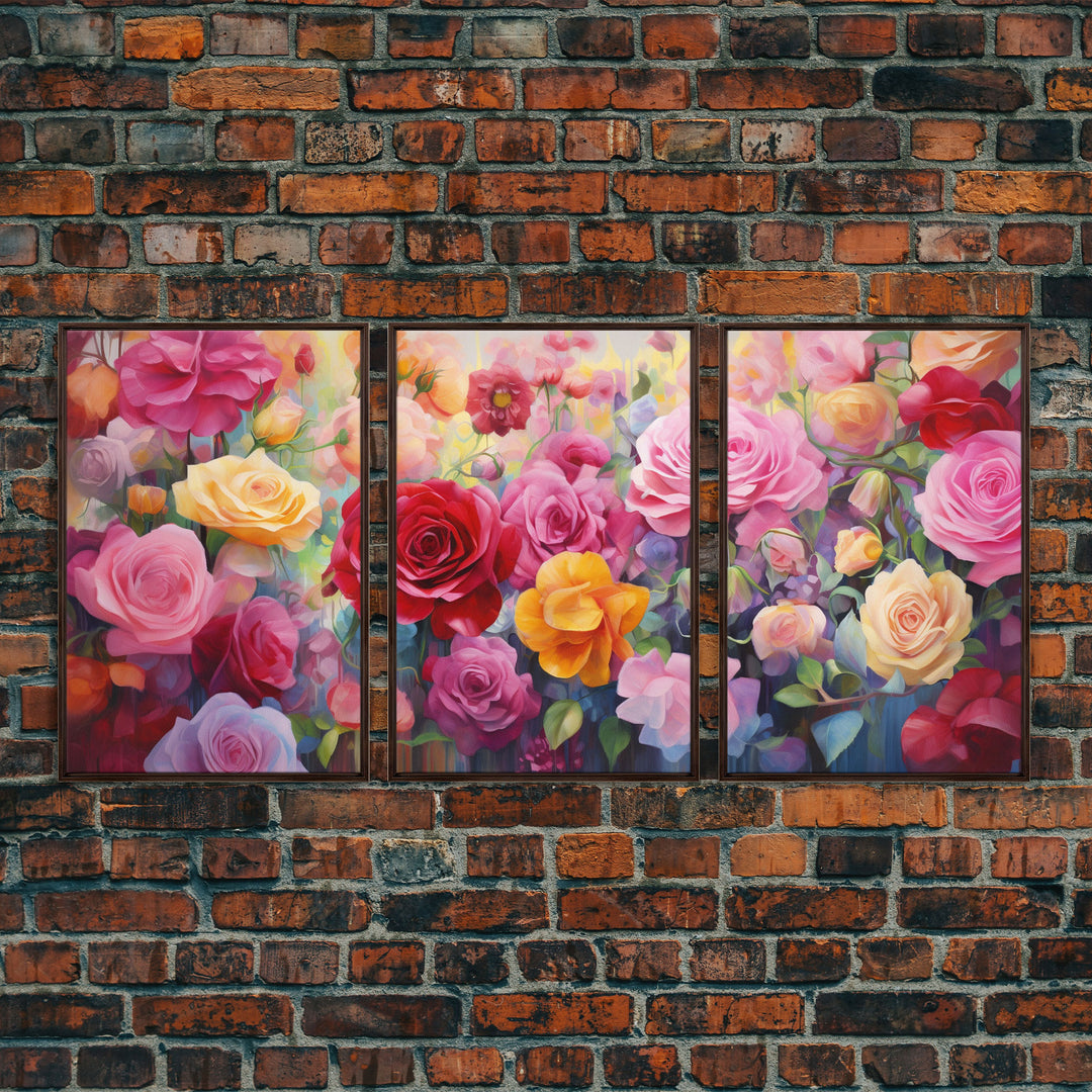 Beautiful Rose Art, Framed Canvas Print, Floral Art, Botanical  Decor, Blue and Yellow Roses, 3 Piece Art Set