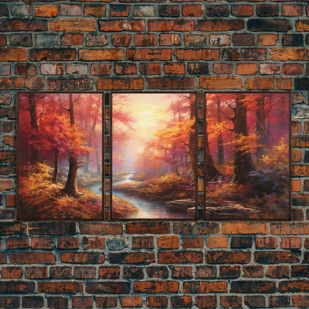 Beautiful Fall Centerpiece Art, Framed Canvas Print, 3 Piece Art, Thanksgiving Centerpiece, Above Sofa Art, Fall Finds, Landscape Painting