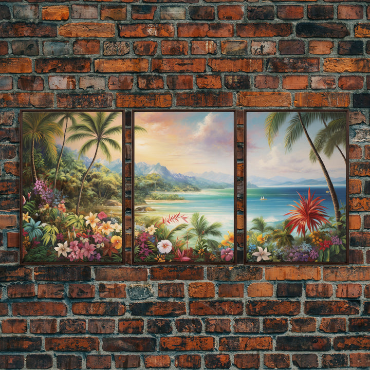 Tropical Wall Art, Beach Print, Palm Tree Wall Art, Canvas Print, Set Of 3 Prints, Wall Art, 3 Piece Wall Art, Seascape, Hawaii Wall Art