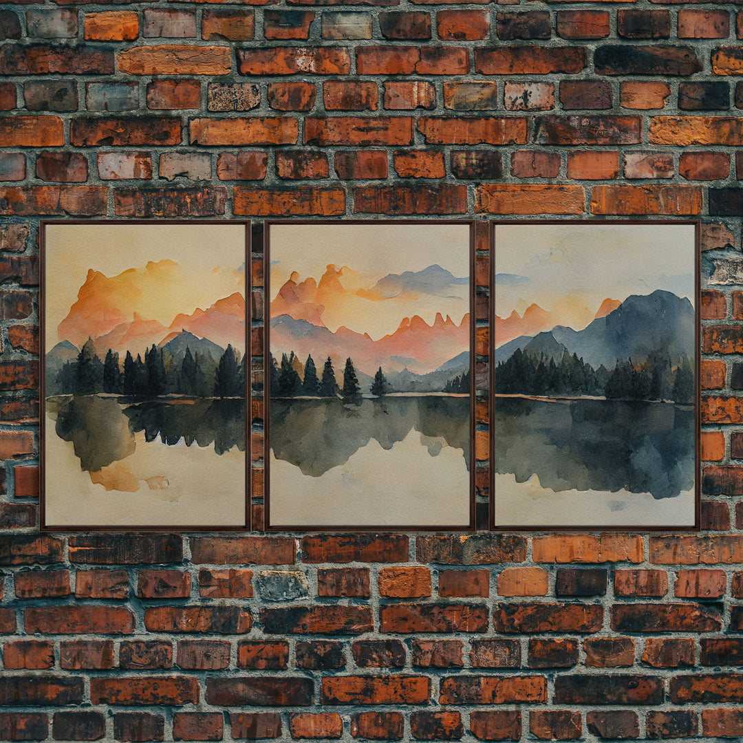 A Forest Fire At Sunset, 3 Piece Canvas Wall Decor, Ready To Hang Canvas Prints, Watercolor, Orange Landscape Sunset Art, Canvas Wall Decor