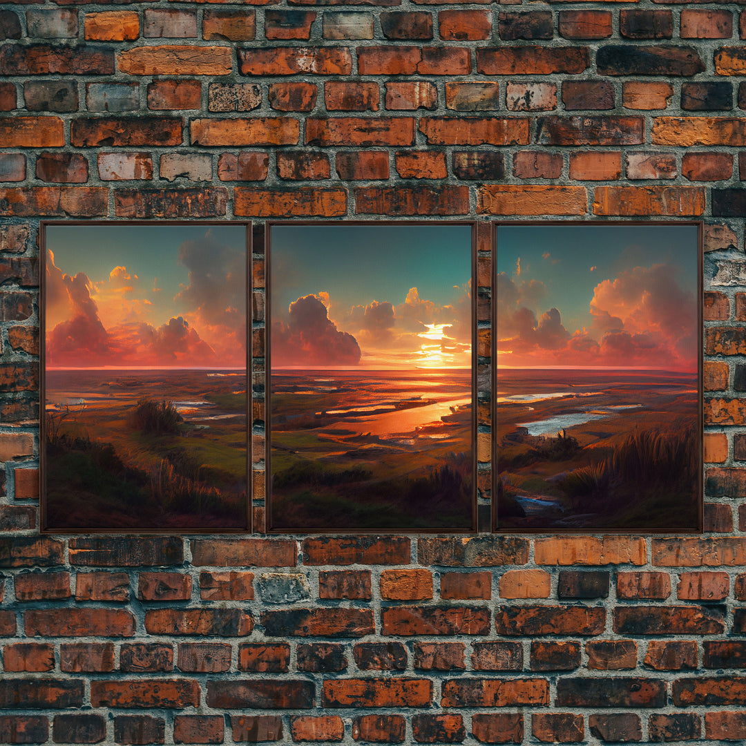 Ocean At Sunset, Lakehouse Wall Decor, 3 Piece Canvas Decor, 3 Piece Wall Art, Ready To Hang Canvas Prints