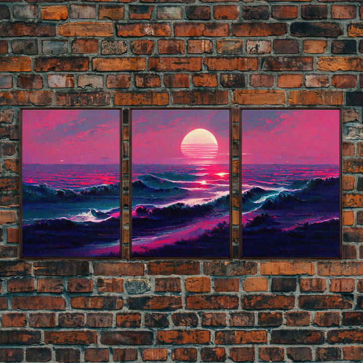 Outrun Style Synthwave Sunset Ocean Waves, 3 Piece Wall Art, Ready To Hang Canvas Print, Cool Unique Lakehouse Wall Art Decor