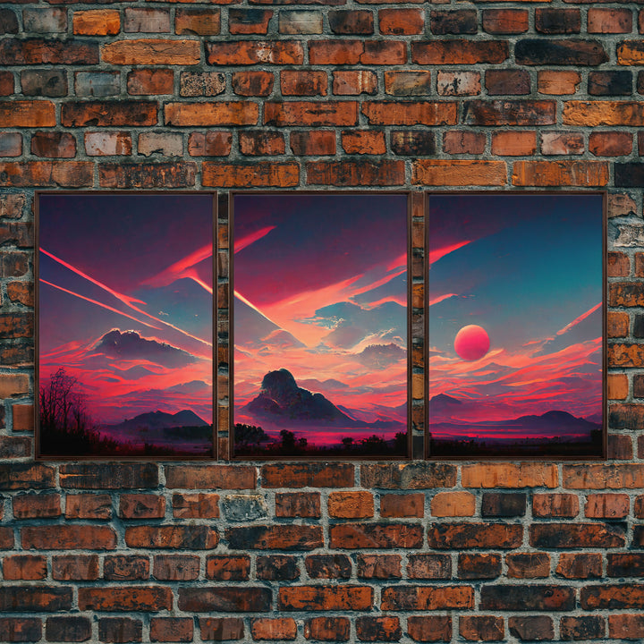 Outrun Style Sunset Over The Mountains, 3 Piece Wall Art, Ready To Hang Canvas Print, Cool Unique Living Room Wall Art Decor