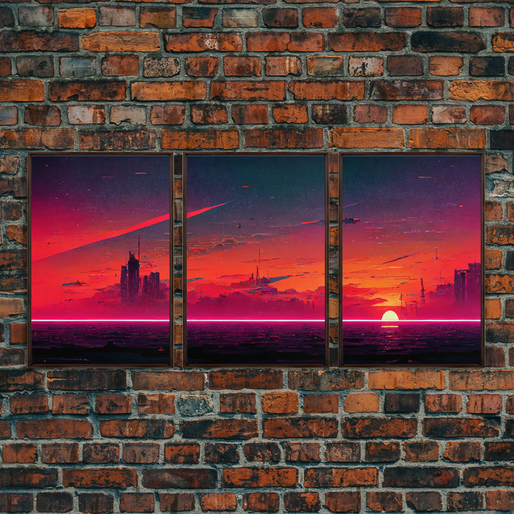 Cyber punk City At Sunset, Outrun, 3 Piece Wall Art, Ready To Hang Canvas Print, Cool Unique Mancave wall Art Decor