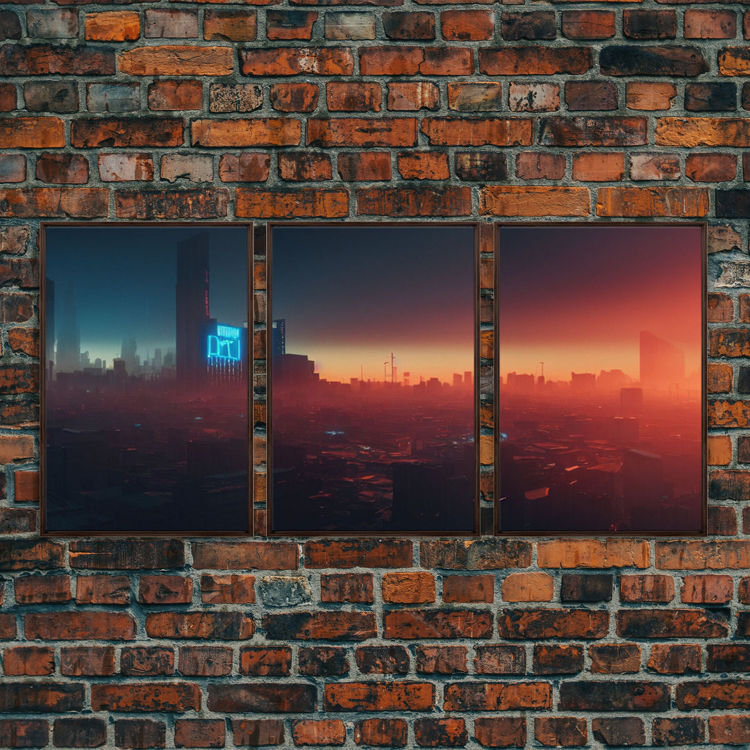 Cyberpunk Cityscape, Cyberpunk Concept Art at Sunset, Cool mancave art, 3 Piece Canvas Decor, 3 Piece Wall Art, Ready To Hang Canvas Prints