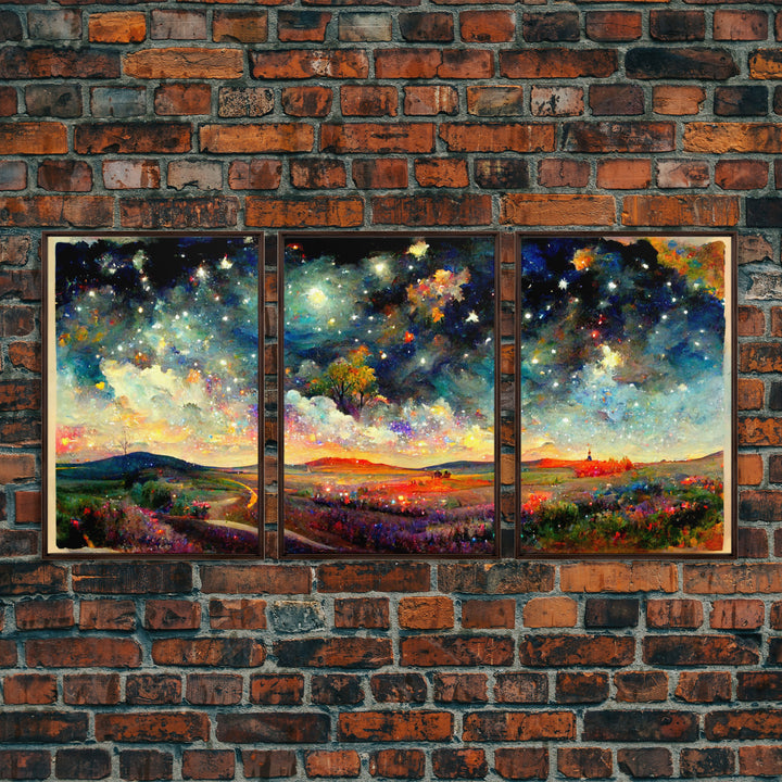 Night Starry Sky Landscape Colorful Night Sky Nature Living Room Wall Art Spiritual Starry, 3 Piece Wall Art, Ready To Hang Canvas Print