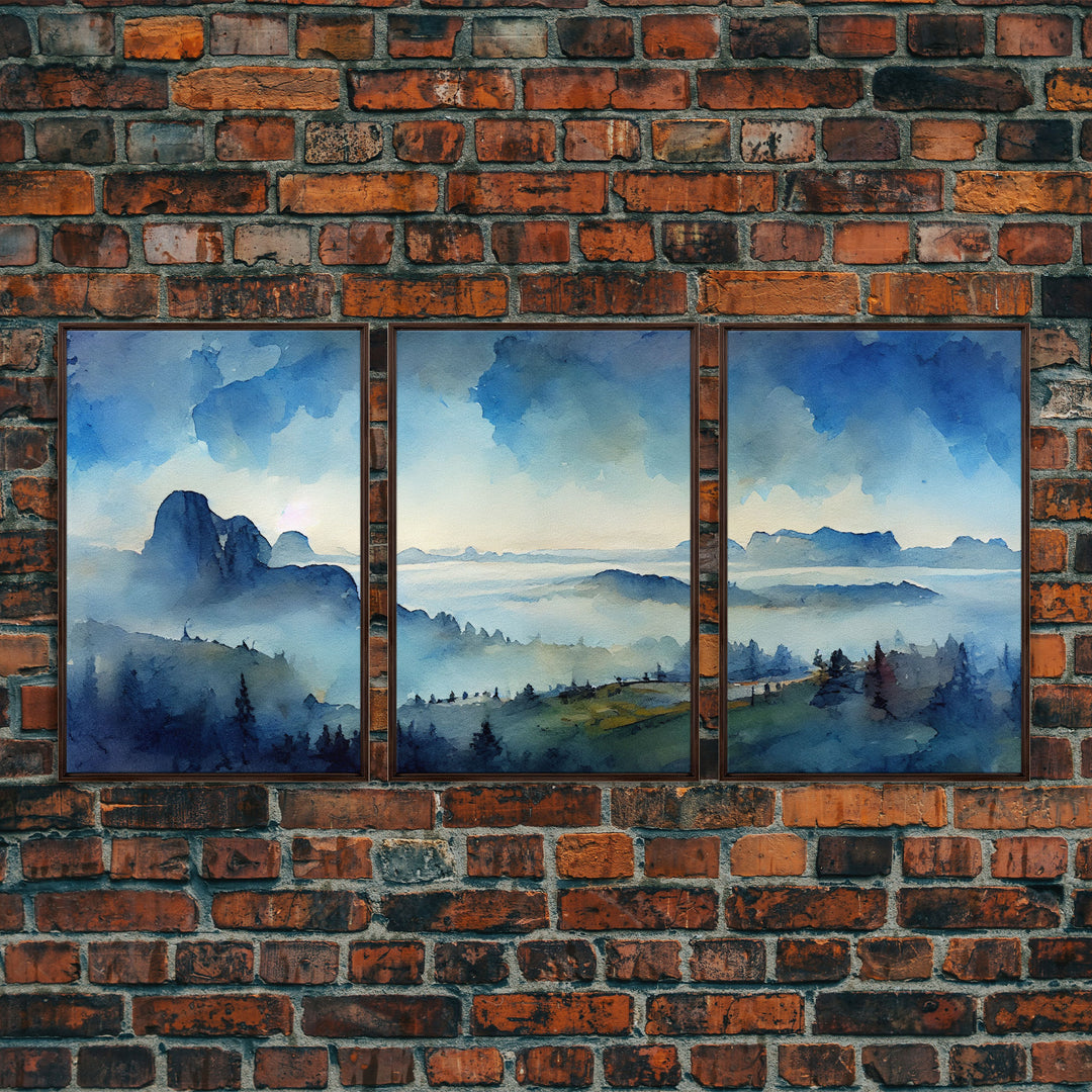 Sapphire Blue Watercolor Landscape, 3 Piece Wall Art, Ready To Hang Canvas Print, Beautiful Living Room Wall Art Decor