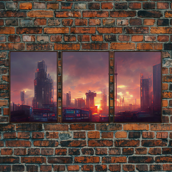 Cyberpunk City, Night City Watercolor, Videogame Concept Art, Watercolor Of a Cyberpunk City 3 Piece Wall Art, Ready To Hang Canvas Print