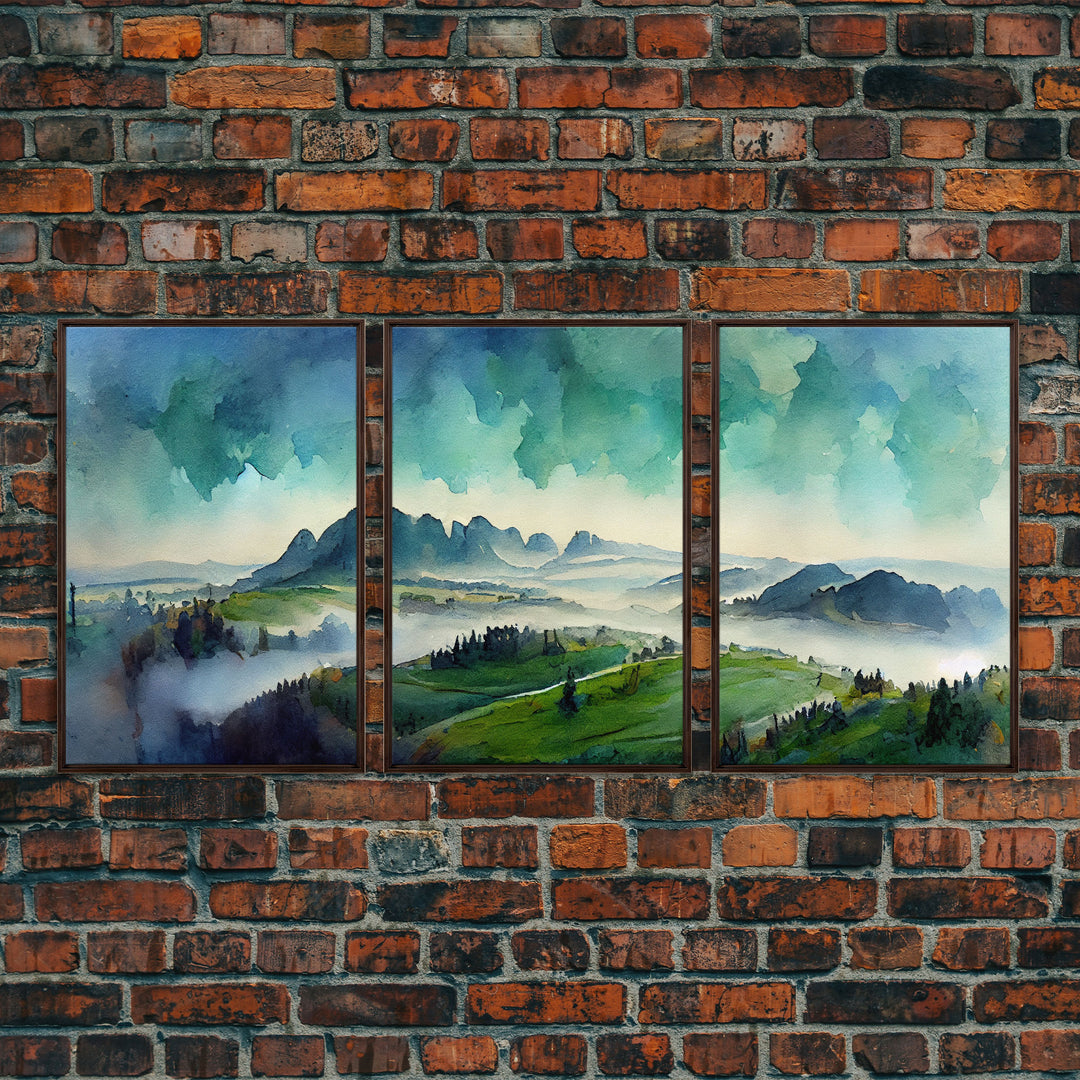 Emerald Green Landscape Watercolor, Panoramic Art, Cool Wall Decor, 3 Piece Wall Art, Ready To Hang Canvas Print