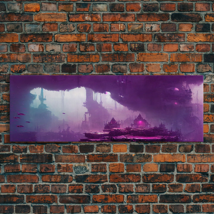 Panoramic Fantasy Underwater City, Purple Art, Extra Large Wall Art, Framed Panoramic Canvas Print, Framed Wall Decor