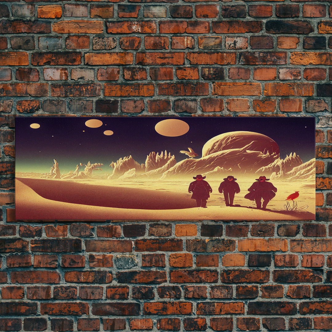 Space Cowboys, Psychedelic Scifi Art, Wall Decor, Ready To Hang Framed Canvas Print, Oversize Panoramic Mancave Art