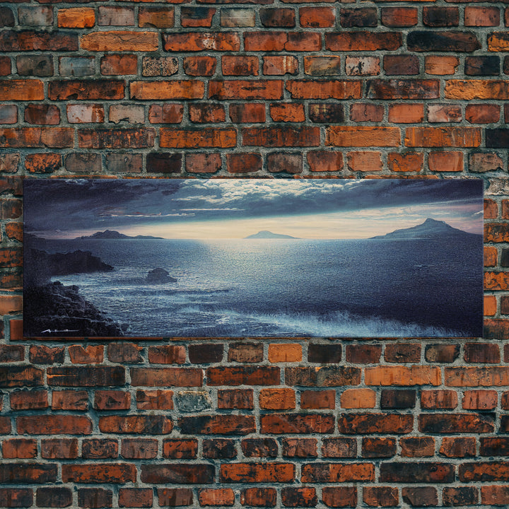 Storm Torrent Over A Steel Grey Sea, Gloomy Wall Art, Framed Ready To Hang Canvas Print