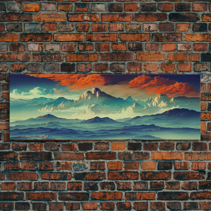 Beautiful Fantasy Mountain Landscape With Orange Clouds, Framed Canvas Print, Ready To Hang Panoramic Wall Decorr