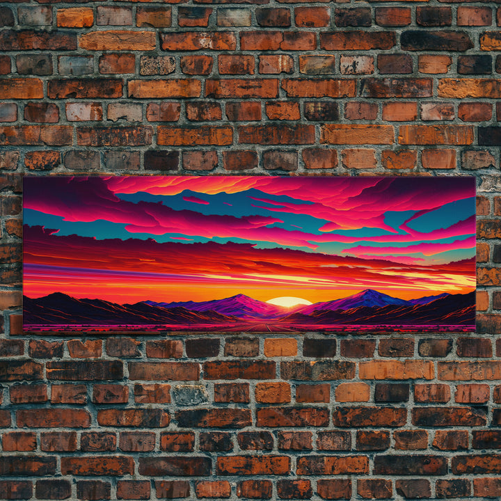 Panoramic Framed Canvas Print | Desert Mountain Landscape Synthwave Sunset | Living Room, Bedroom, Dining Room, Office