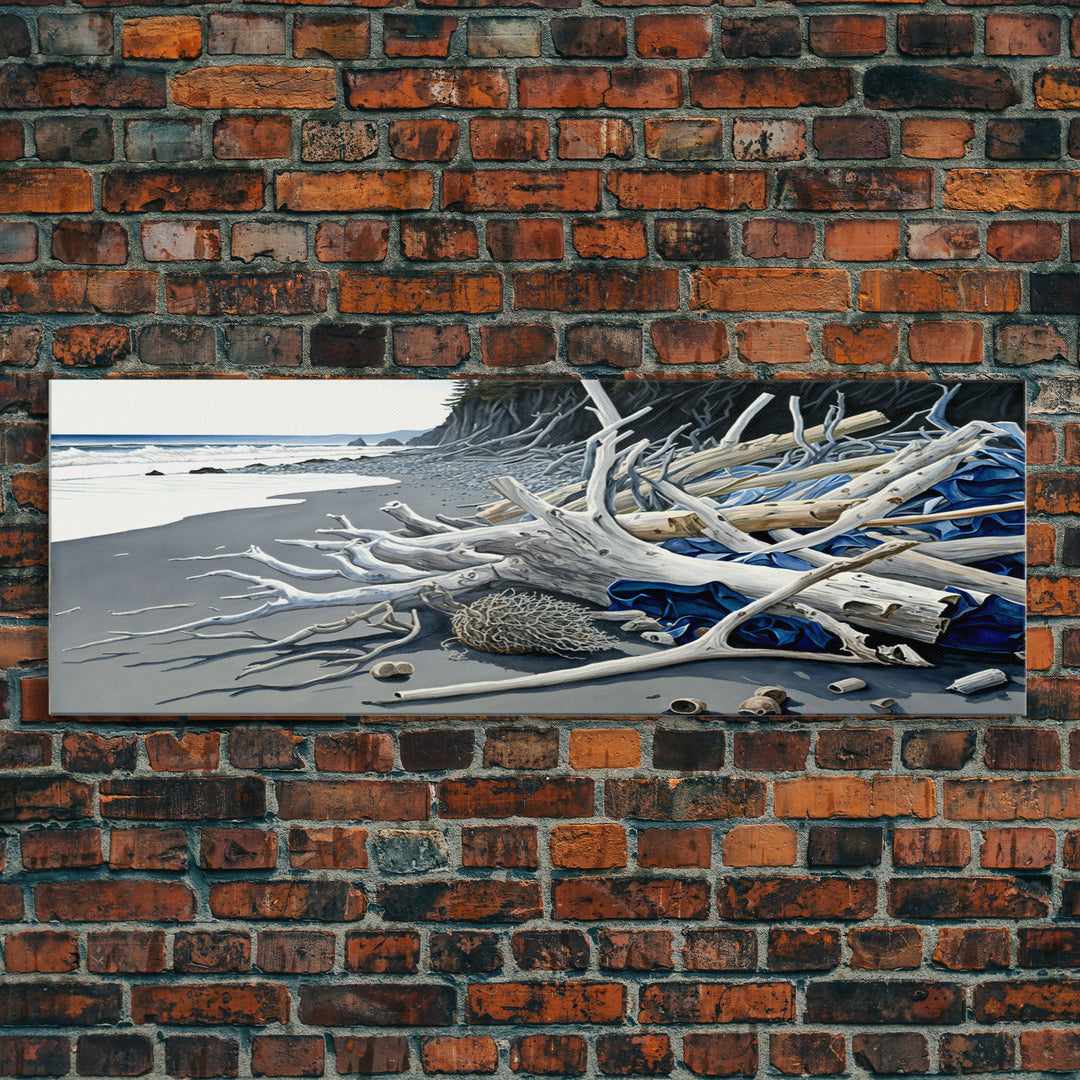 Driftwood, Panoramic Framed Canvas Print, Pacific Northwest / Washington State Driftwood Washed Up On The Shore, Extra Wide Format Art