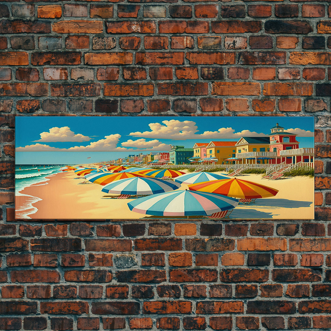 The Beach Boardwalk, Beach Umbrellas, Framed Canvas Print, Colorful Panoramic Beach Art, Midcentury Modern Style Wall Art