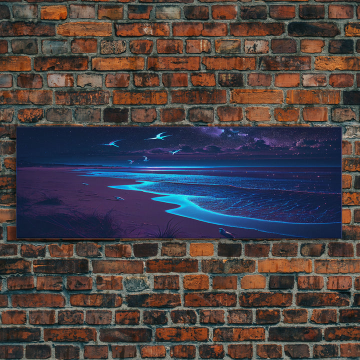 Night Moves, Retro Synthwave Beach Art, Framed Canvas Print, Starry night sky over the pacific ocean