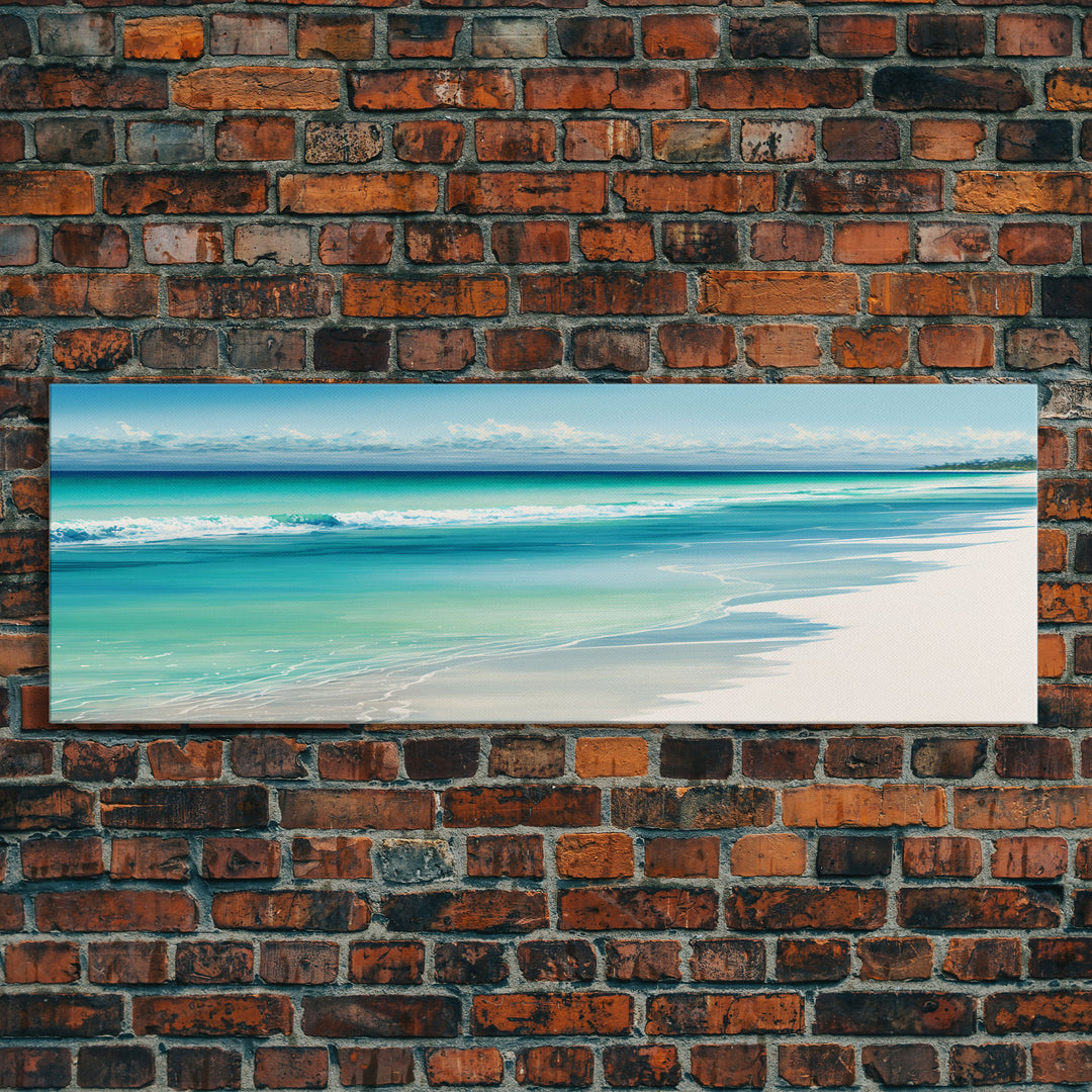 Blue Beach and Ocean Waves Panoramic Framed Canvas Print - Perfect for Living Room, Bedroom, Office Decor