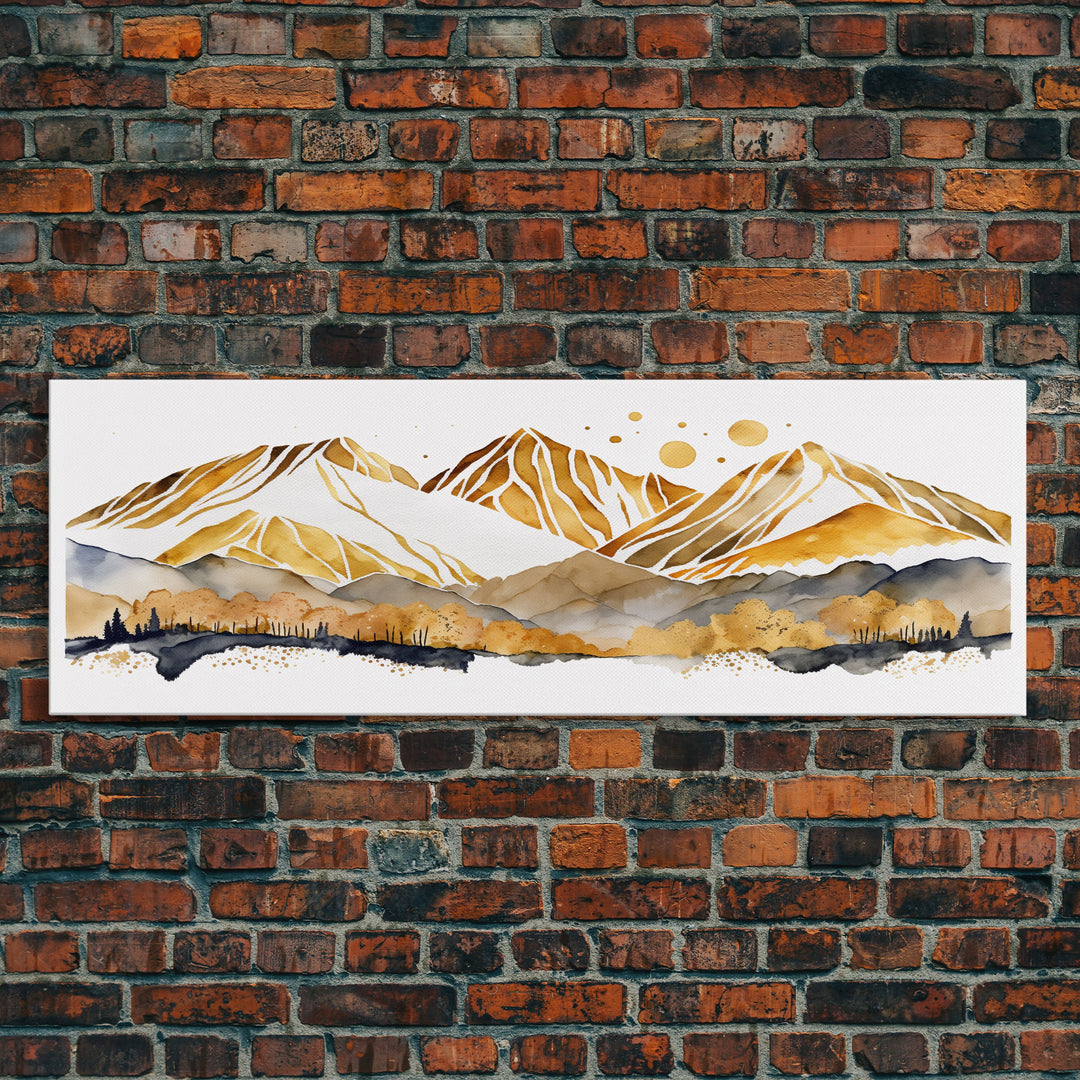 White & Gold Mountain Landscape Painting, Framed Canvas Print, Panoramic Art, Extra Wide Art, Center Piece Decor, Above Fireplace or Sofa