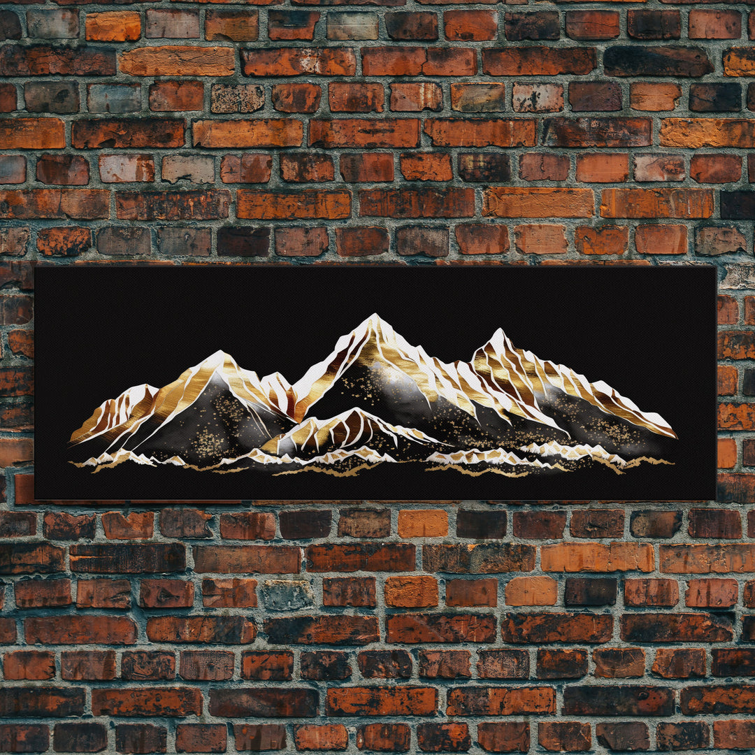 Black & Gold Mountain Landscape Painting, Framed Canvas Print, Panoramic Art, Extra Wide Art, Center Piece Decor, 24 x 72 Art, Huge Art