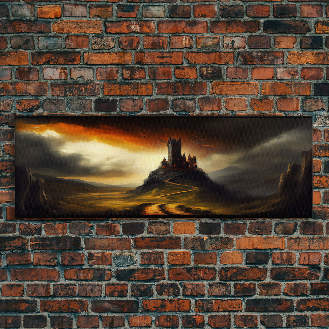 Panoramic Dark Fantasy Wall Art, Framed Canvas, Wood Frame Art, The Dark Castle Oil Painting Fantasy Decor, DND Art