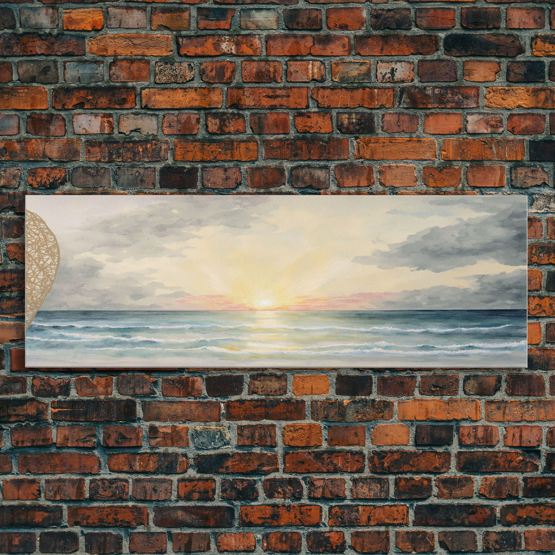 Panoramic Sea Canvas Oil Painting Print, Holiday Seascape Art, Blue Sky Cloud Mural Living Room Decor Painting Framed Wall Art