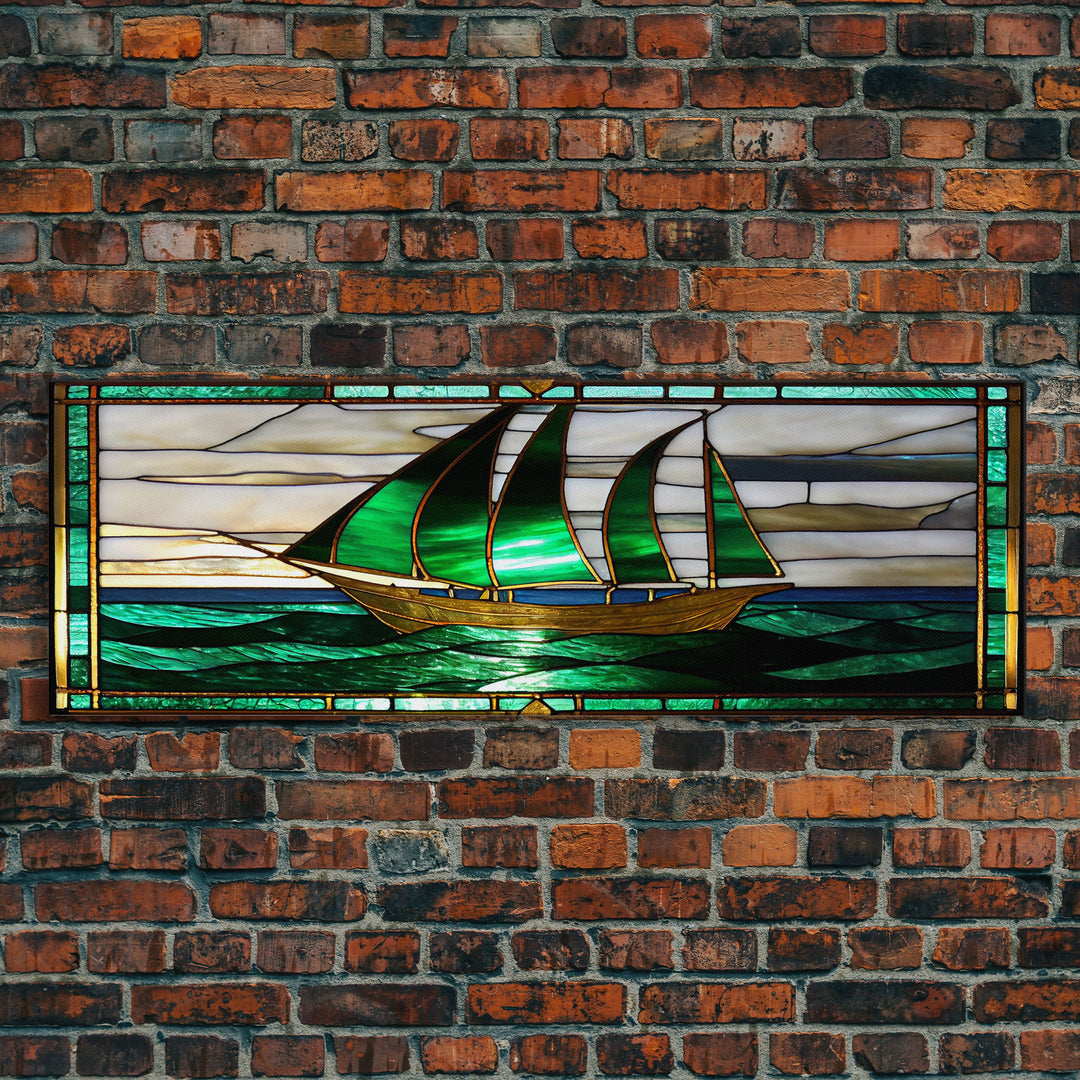 Panoramic Art Deco Sail Boat, Stained Glass, Early 20s Style Art, Roarin' 20s Art, Nautical Theme Framed Canvas Print, Extra Large Art