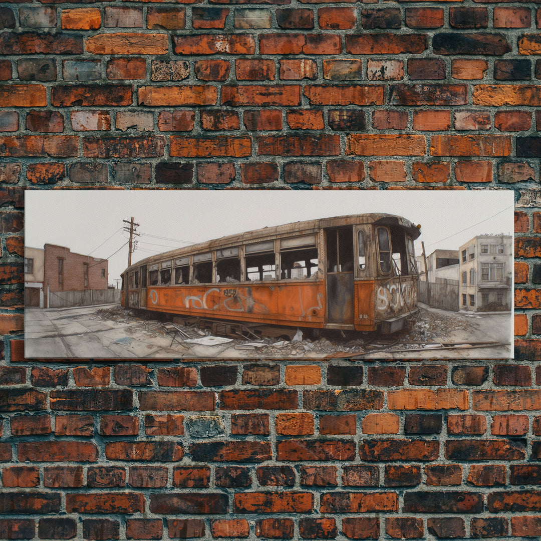 Abandoned Orange Train, Graffiti Art, Urban Art Print, Street Art, Wall Decor, Large Canvas Print, Panoramic, Wall Art, Canvas Print